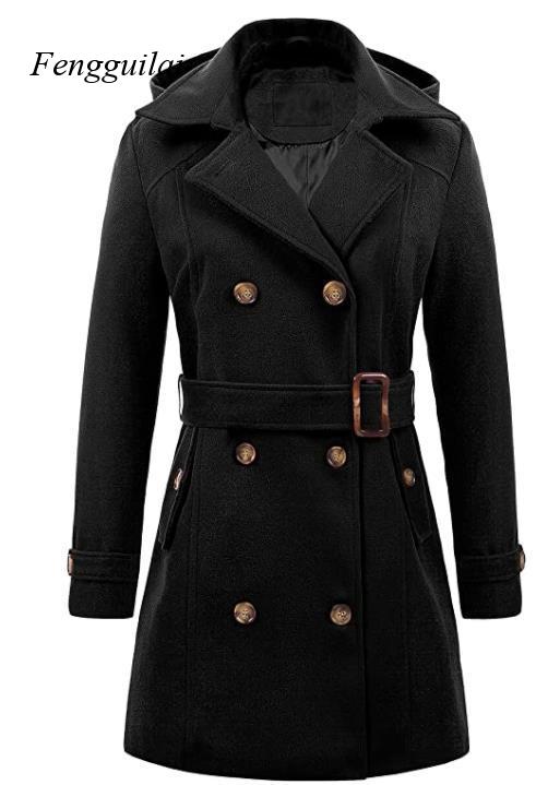 Wool Coat Peacoat - معطف نسائي أسود بقلنسوة وحزام، مزدوج