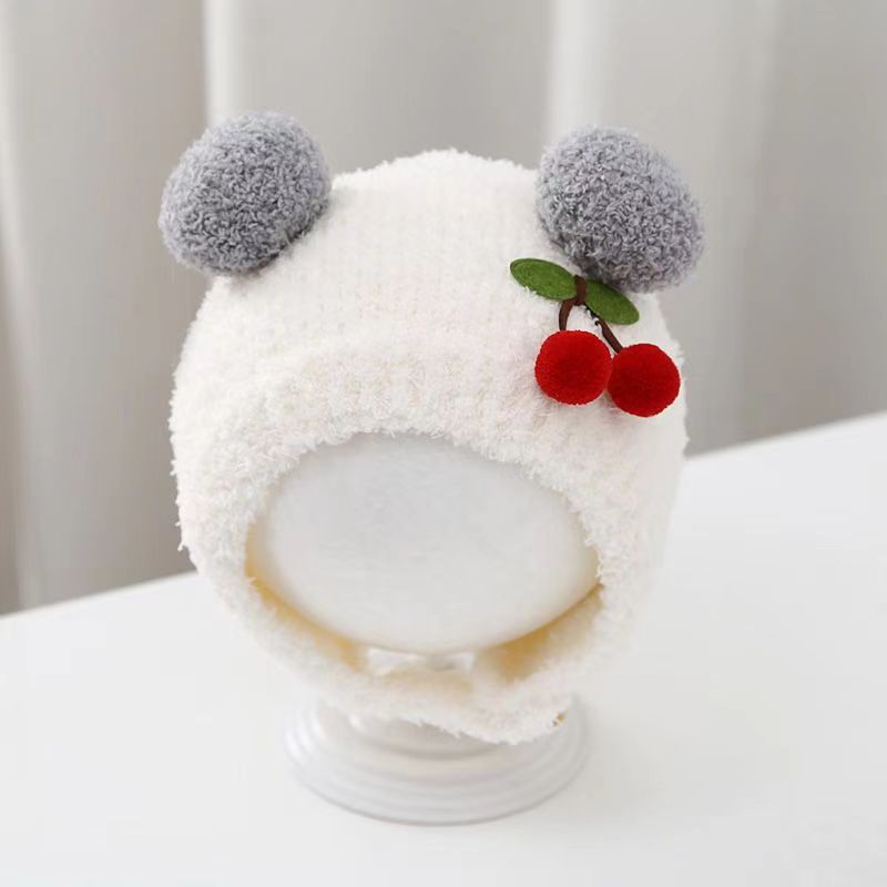Knit Beanie Hat Warm - قبعة شتوية دافئة للأطفال بتصميم الكرز