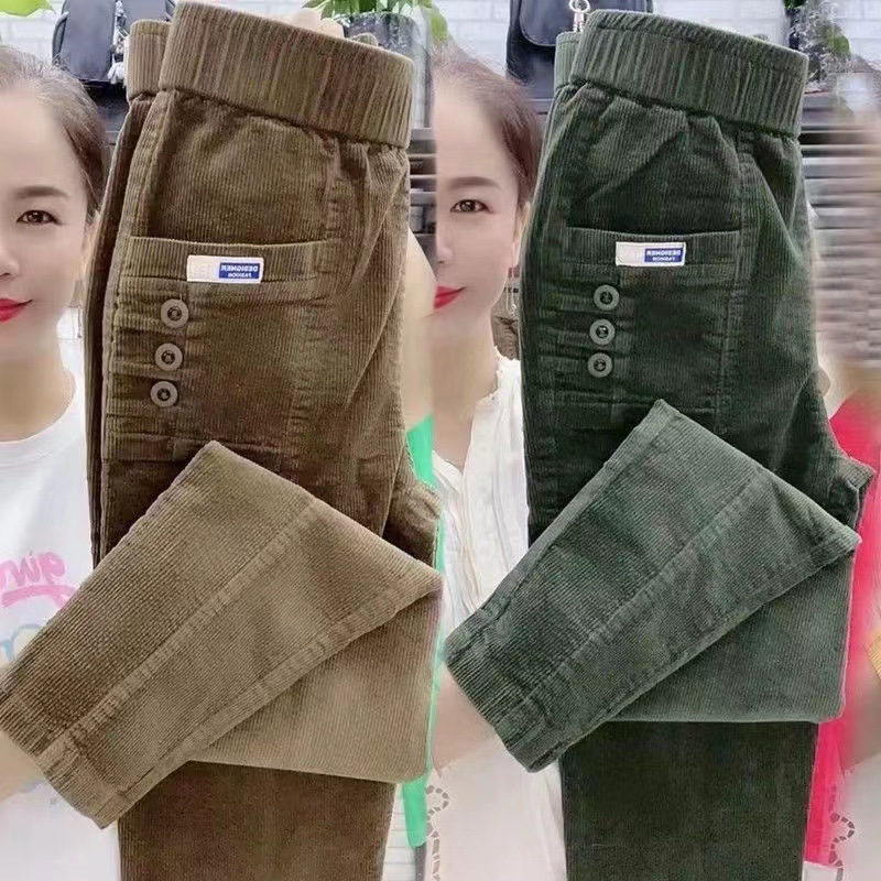 Corduroy Pant Warm - المرأة الدافئة الربيع الشتاء زر جيوب